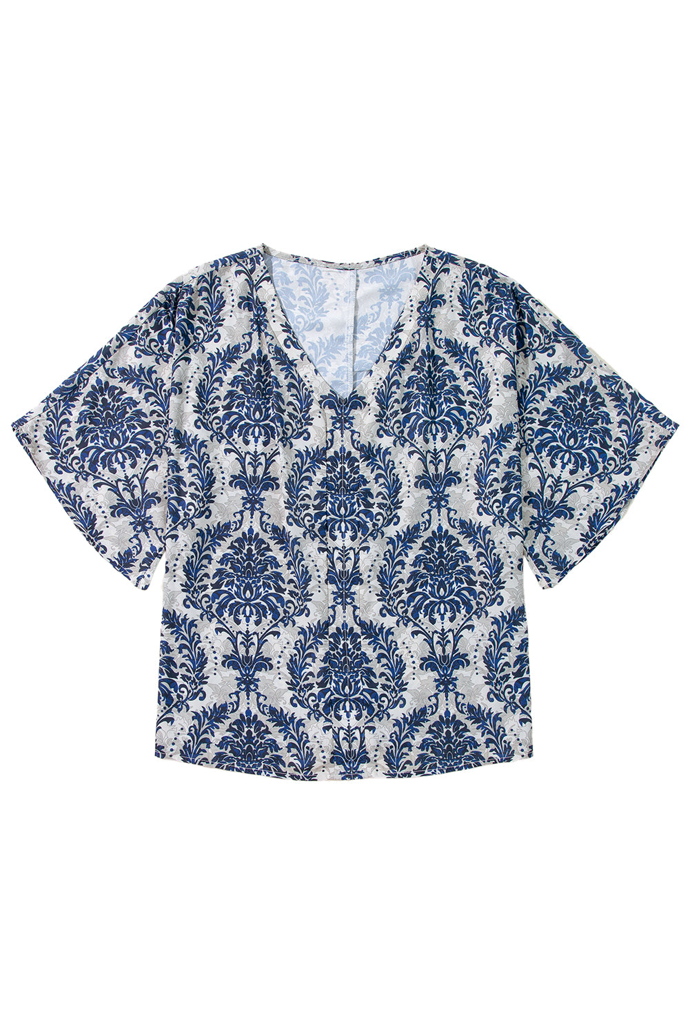 Blue Bohemian Print V Neck Flounce Sleeve Blouse