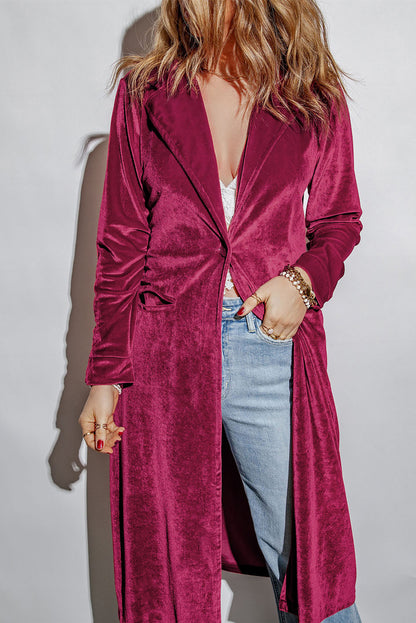 Red Casual Velvet Lapel Pocket Long Coat