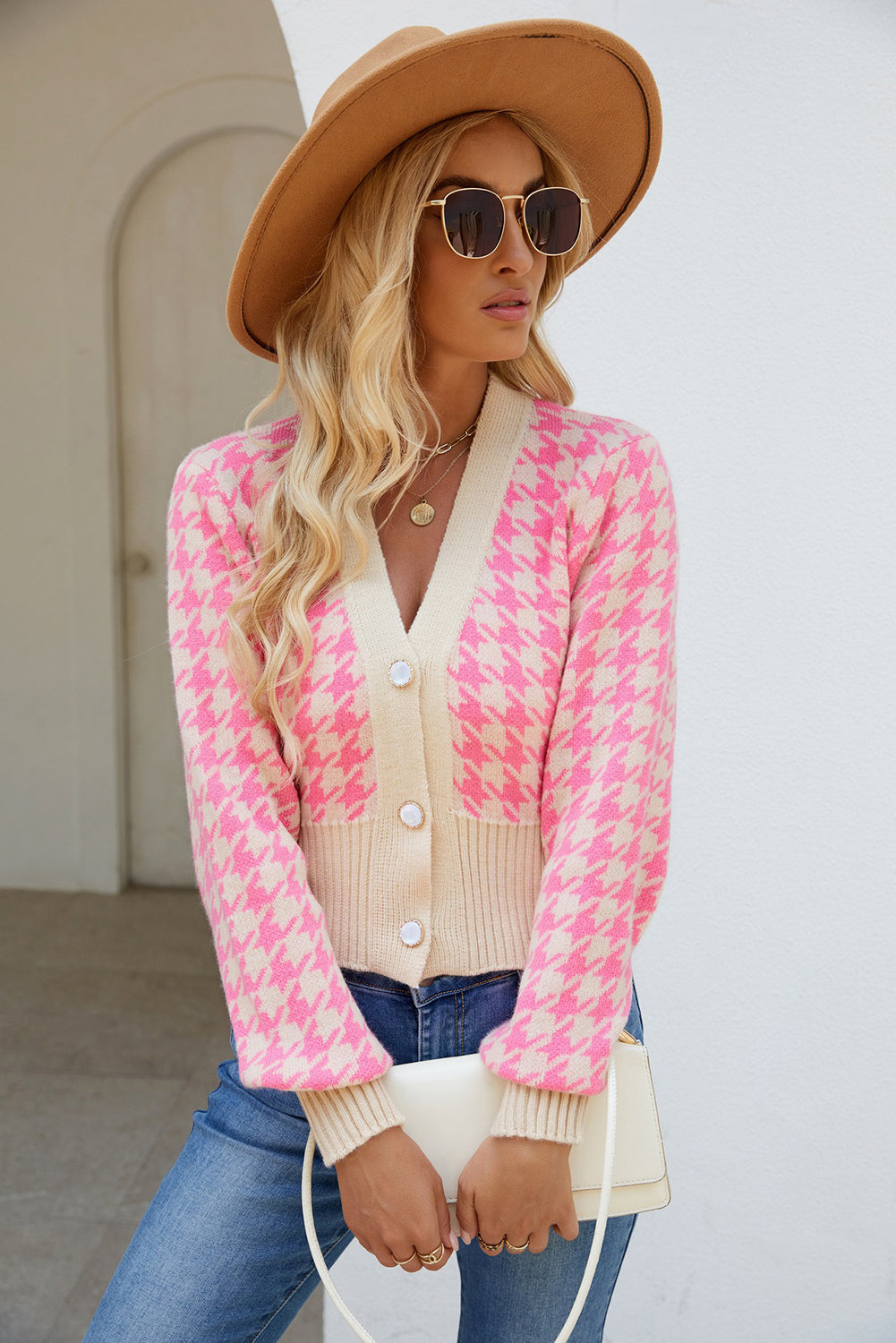 Pink Houndstooth Cropped Knit Cardigan