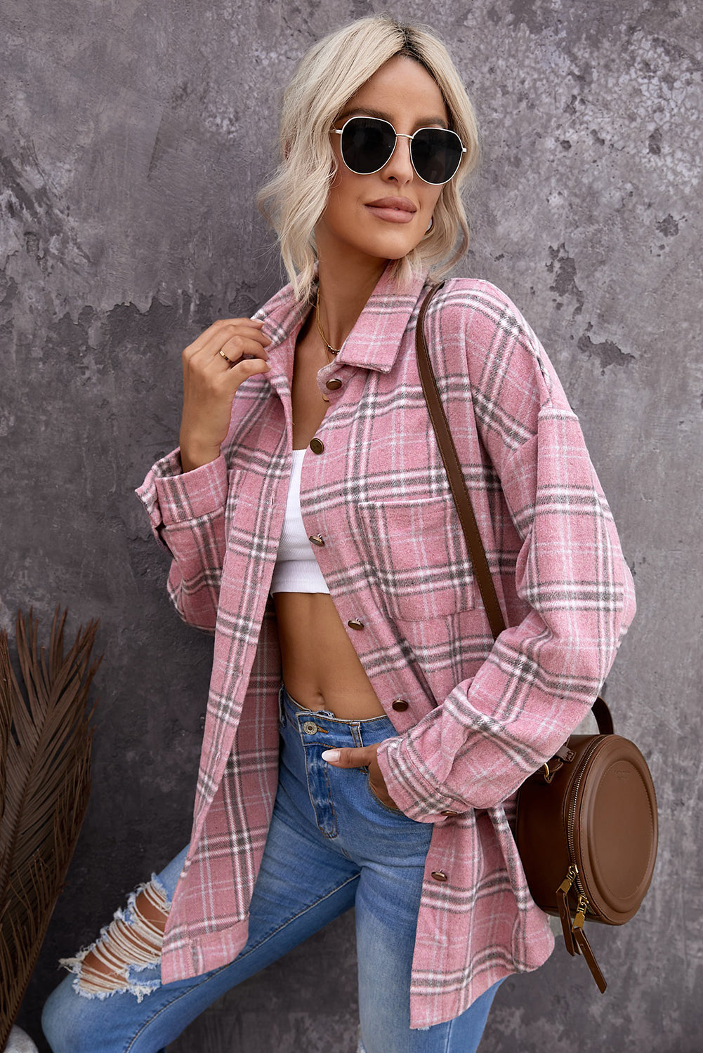 Pink Plaid Casual Button Up Shirt Shacket with Slits