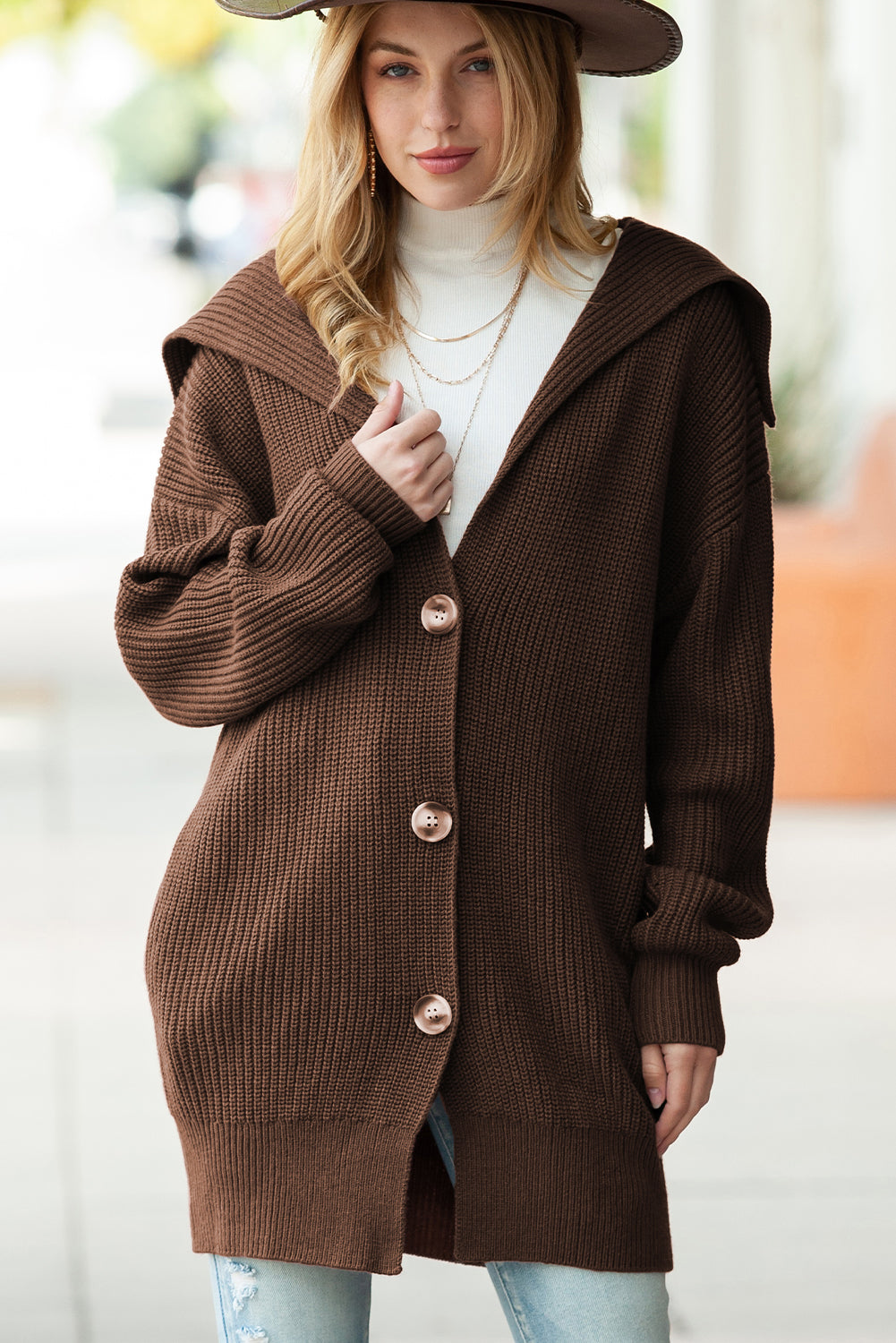 Brown Pocketed Button Up Chunky Knit Cardigan