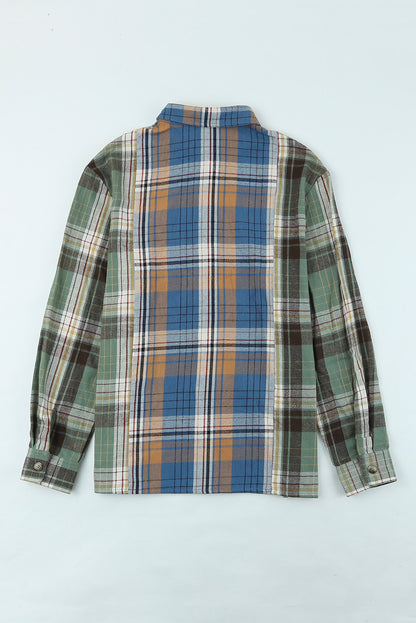 Green Plaid Colorblock Casual Pockets Button Up Shacket