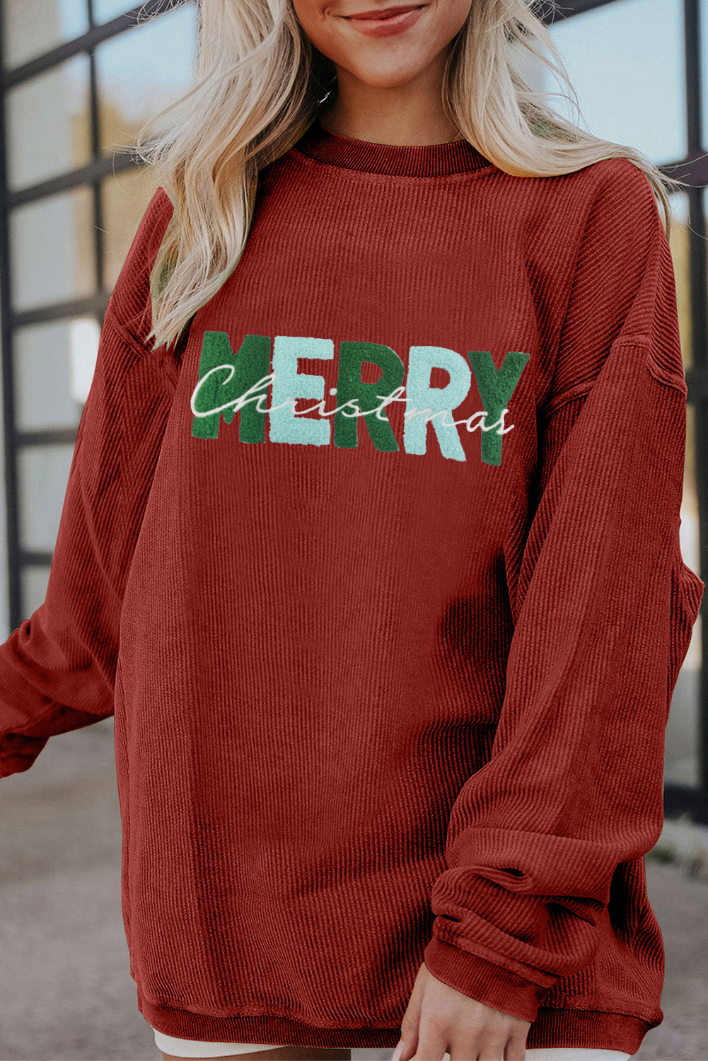 Strawberry Pink MERRY Christmas Corded Graphic Sweatshirt