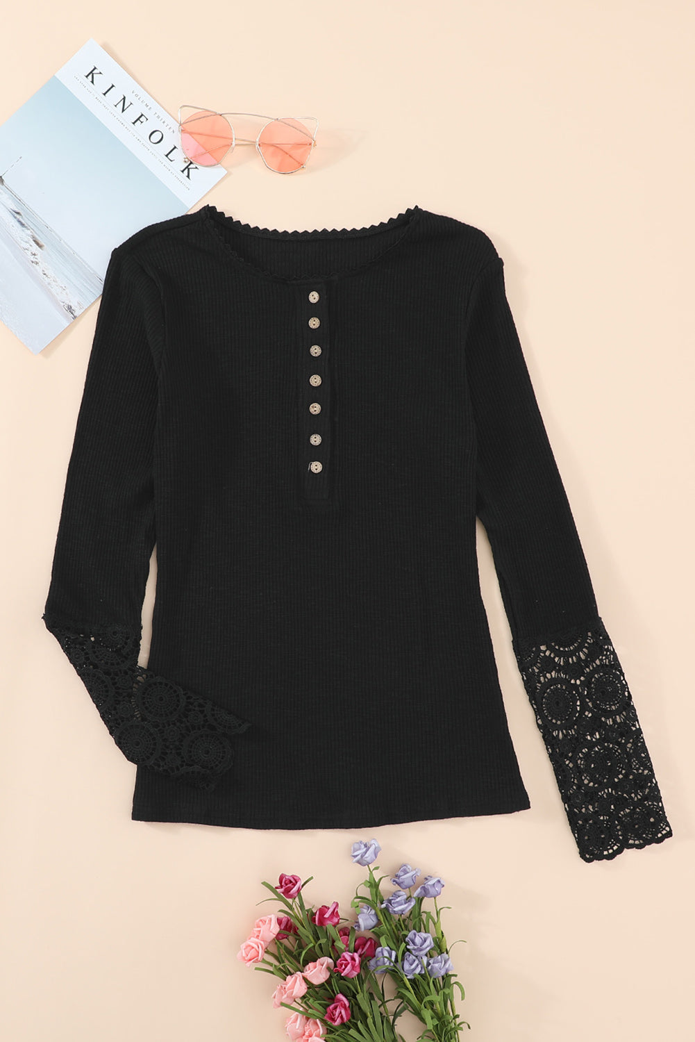 Black Ribbed Lace Crochet Long Sleeve Henley Shirt