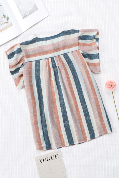 Pink and Blue Stripes Shirt Flutter Sleeve V Neck Blouse