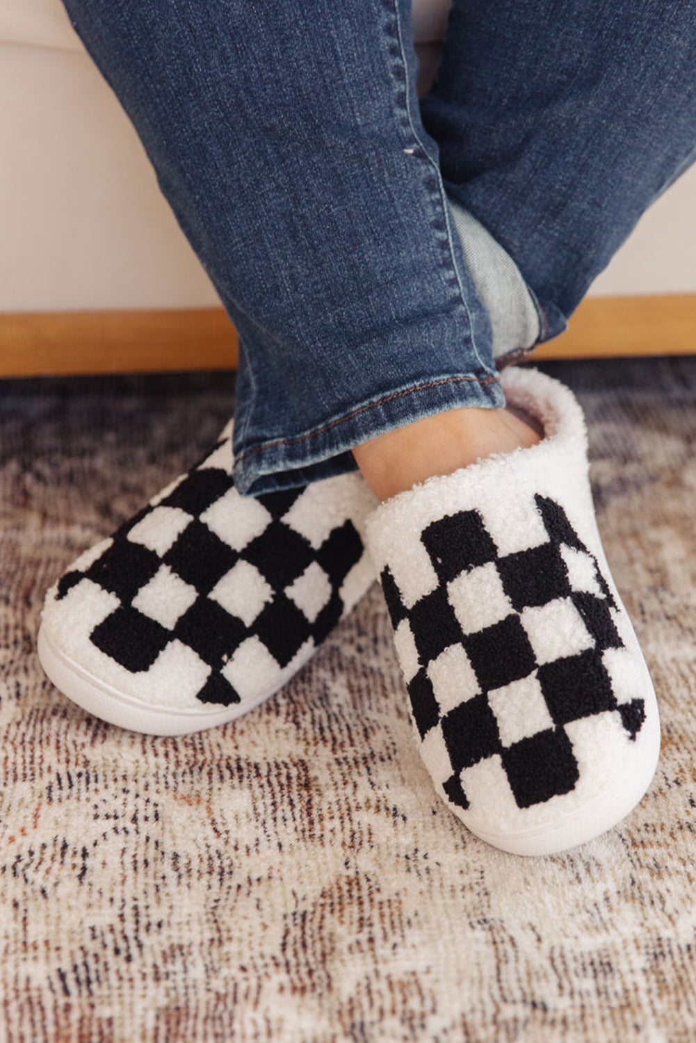 Grass Green Checkered Print Fuzzy Slip On Winter Slippers