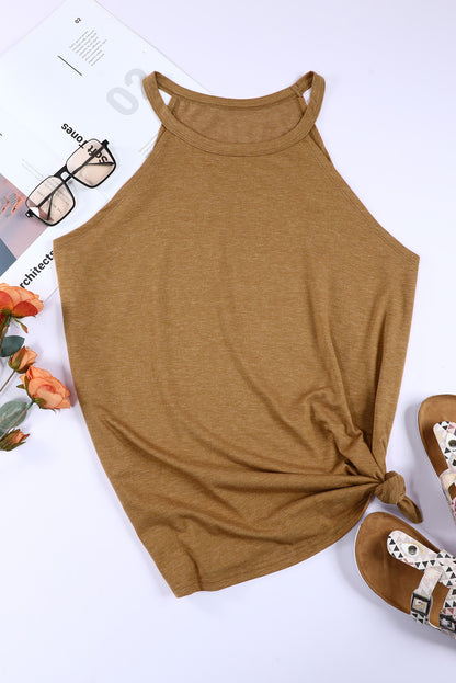 Brown Solid Color Crew Neck Tank Top