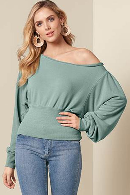 Green Solid Color Boat Neck Puff Sleeve Top