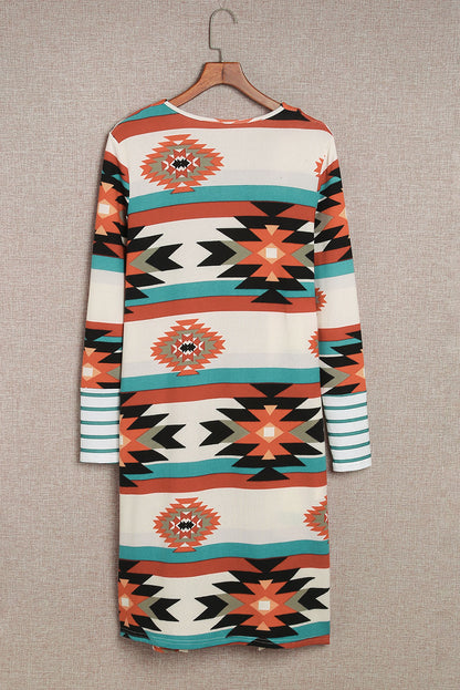 Multicolor Striped Cuffs Geometric Print Color Block Long Cardigan