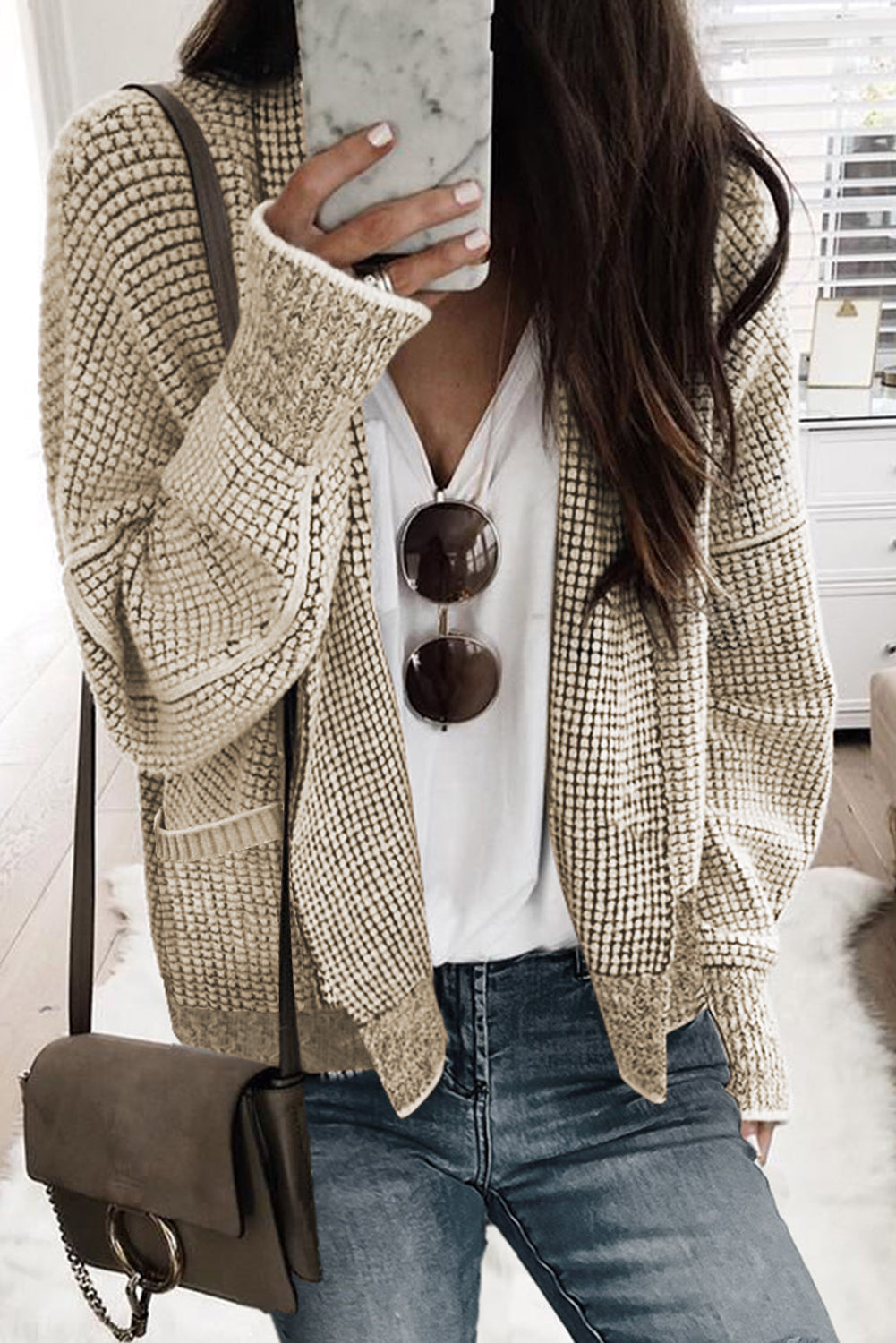 Apricot Chunky Knit Pockets Drop Sleeve Cardigan