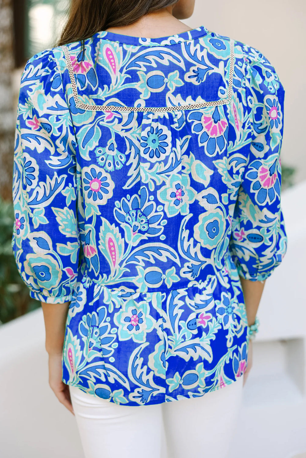 Blue Boho Floral Print V Neck Peplum Blouse