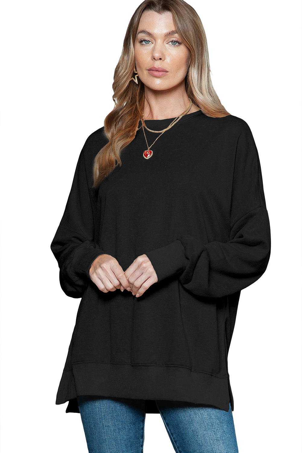 Pink Plain Drop Shoulder Trim Oversized Sweatshirt