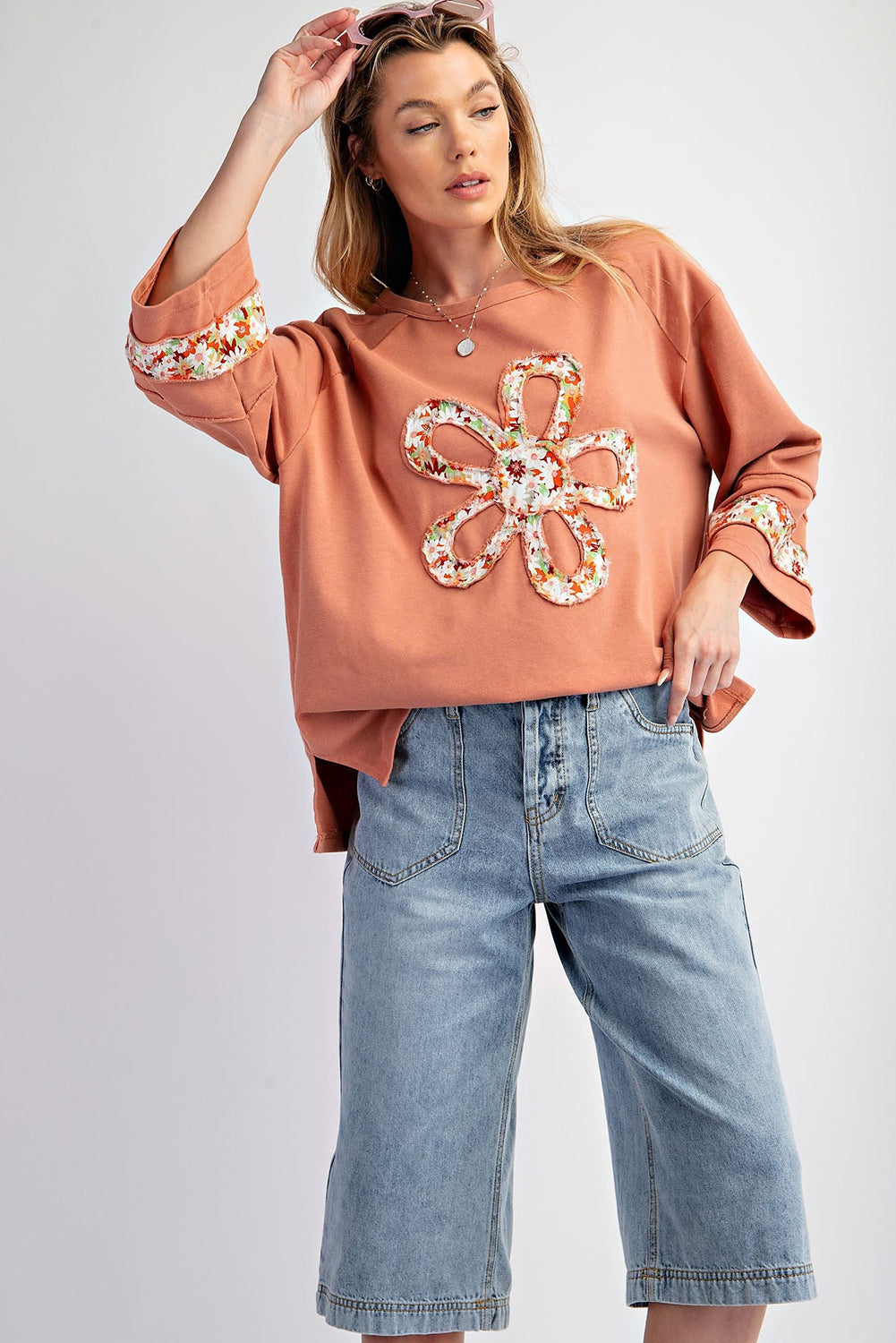 Beige Flower Exposed Seam Patchwork Loose Top