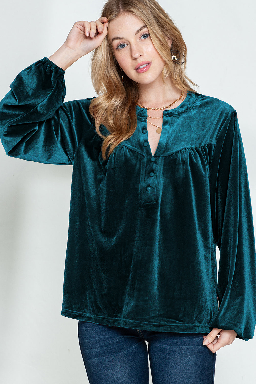 Skobeloff Velvet Henley Beaded Lantern Sleeve Top