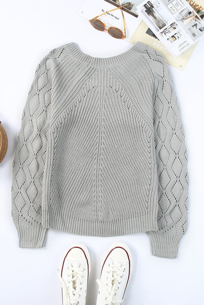 Plain Grey Knit Long Sleeve Pullover Sweater for Women