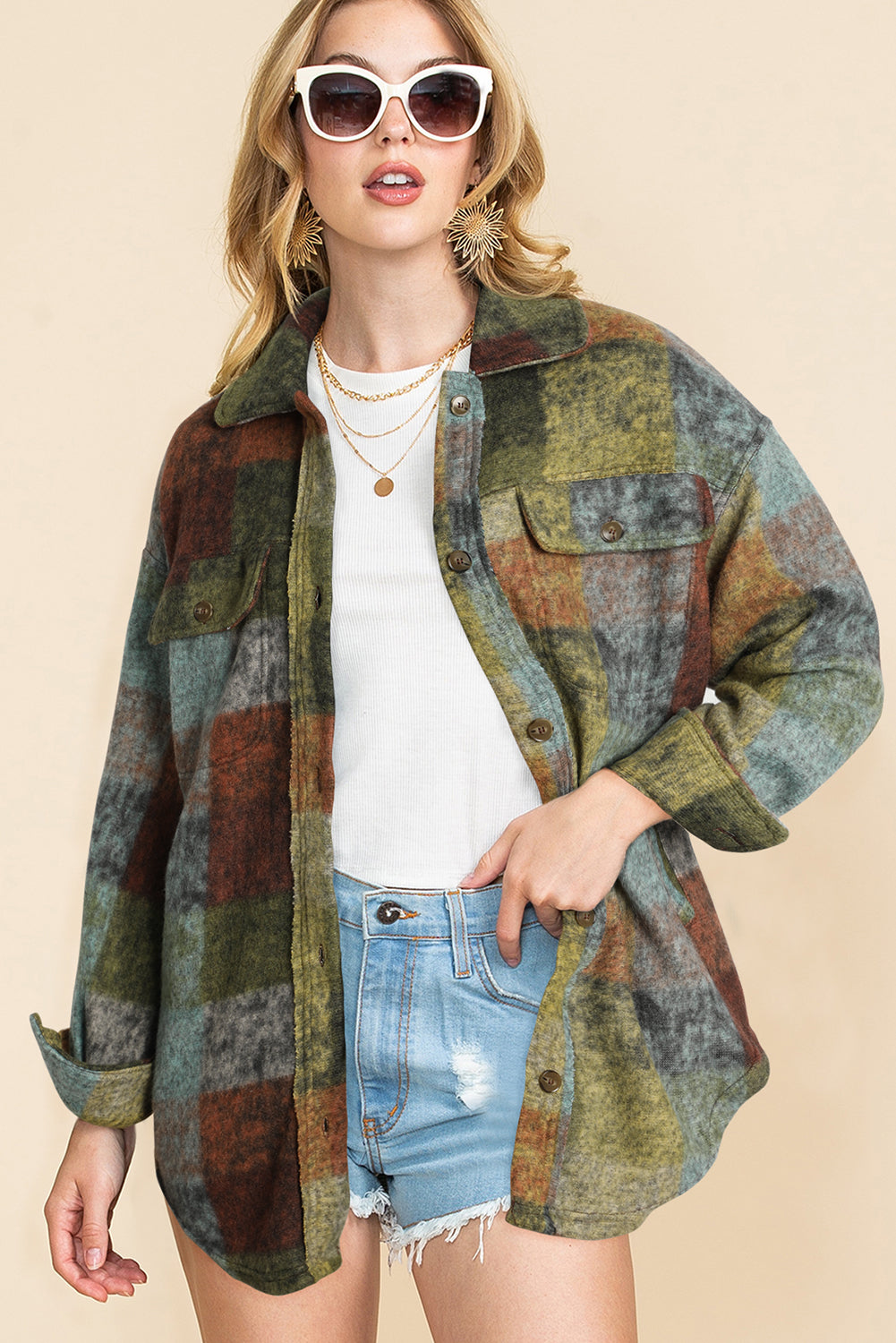 Multicolor Brushed Plaid Pocketed Oversize Shacket