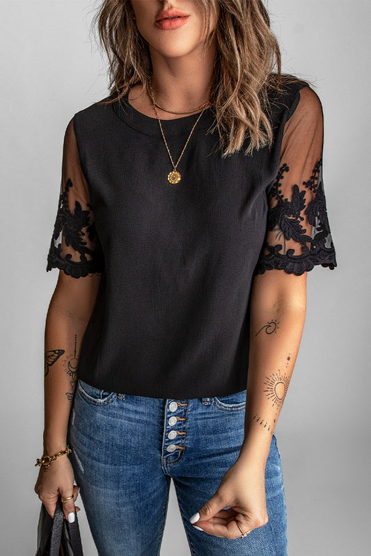 Black Sheer Flower Lace Short Sleeve Summer Top