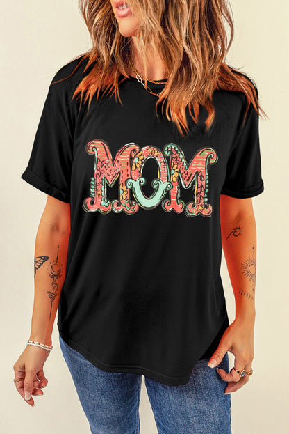 Black Floral MOM Graphic Crew Neck T Shirt