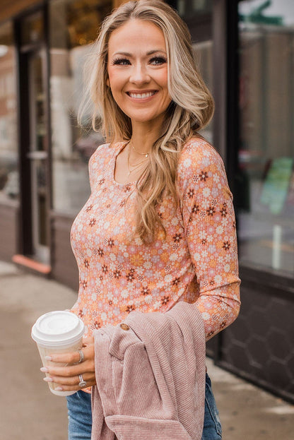 Orange Boho Floral Round Neck Knit Long Sleeve Top