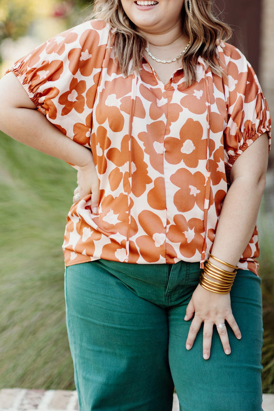  Orange Floral Drawstring Blouse