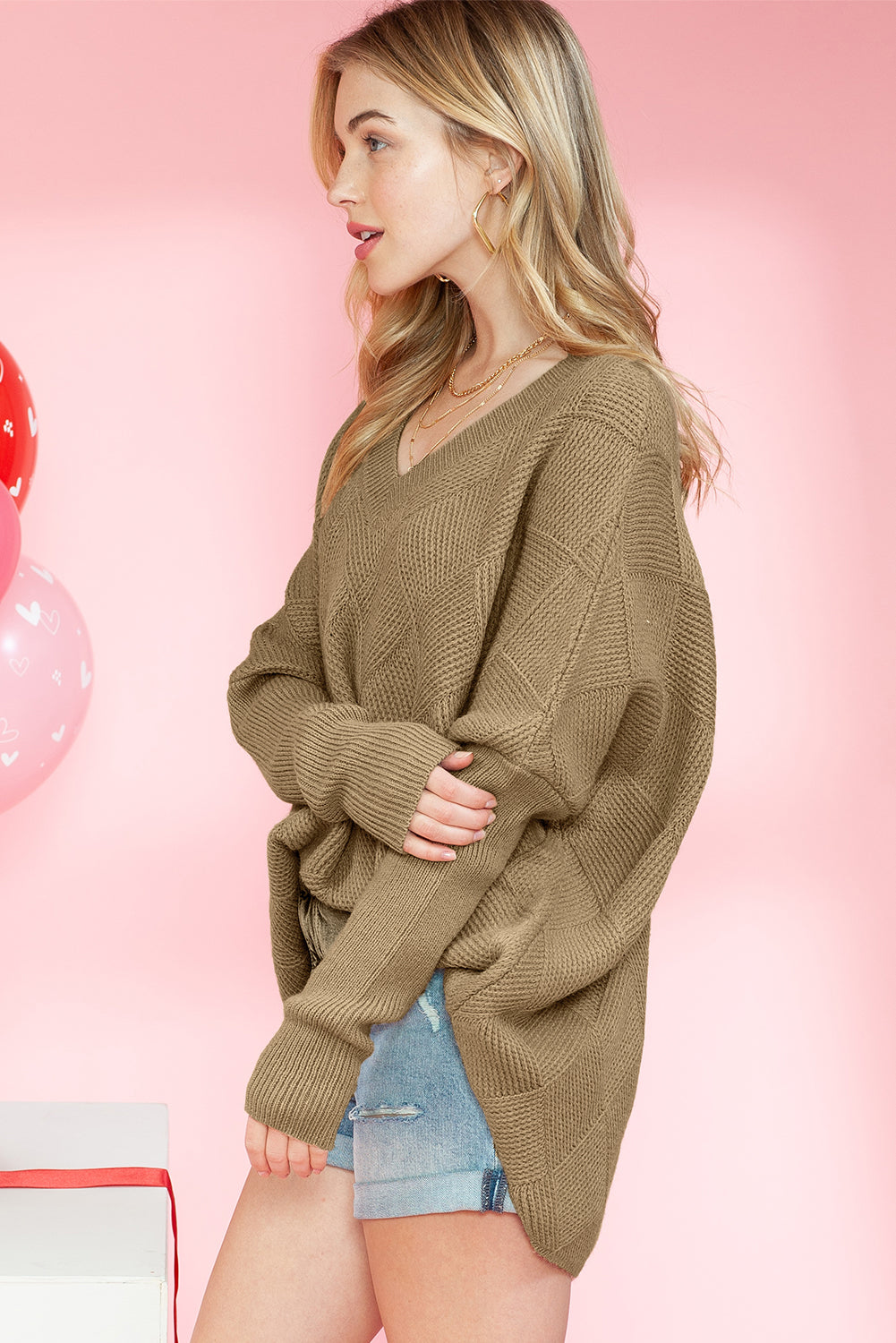 Camel Plain V Neck Batwing Sleeve Oversized Sweater