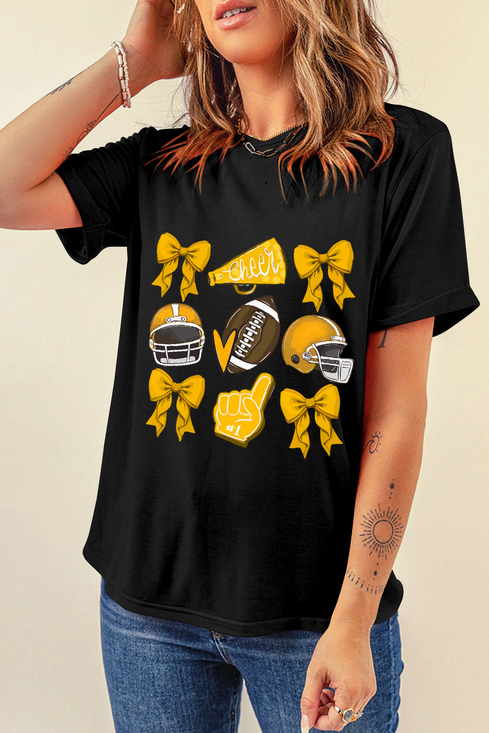 Black Game Day Rugby Bowknot Graphic Tee