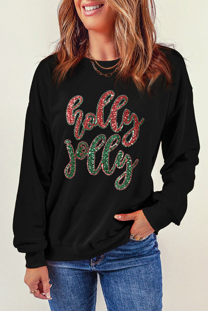 White Christmas Sequined Holly Jolly Graphic Sweatshirt