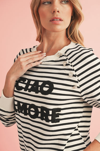 Black Stripe CIAO AMORE Graphic Buttoned Sweatshirt