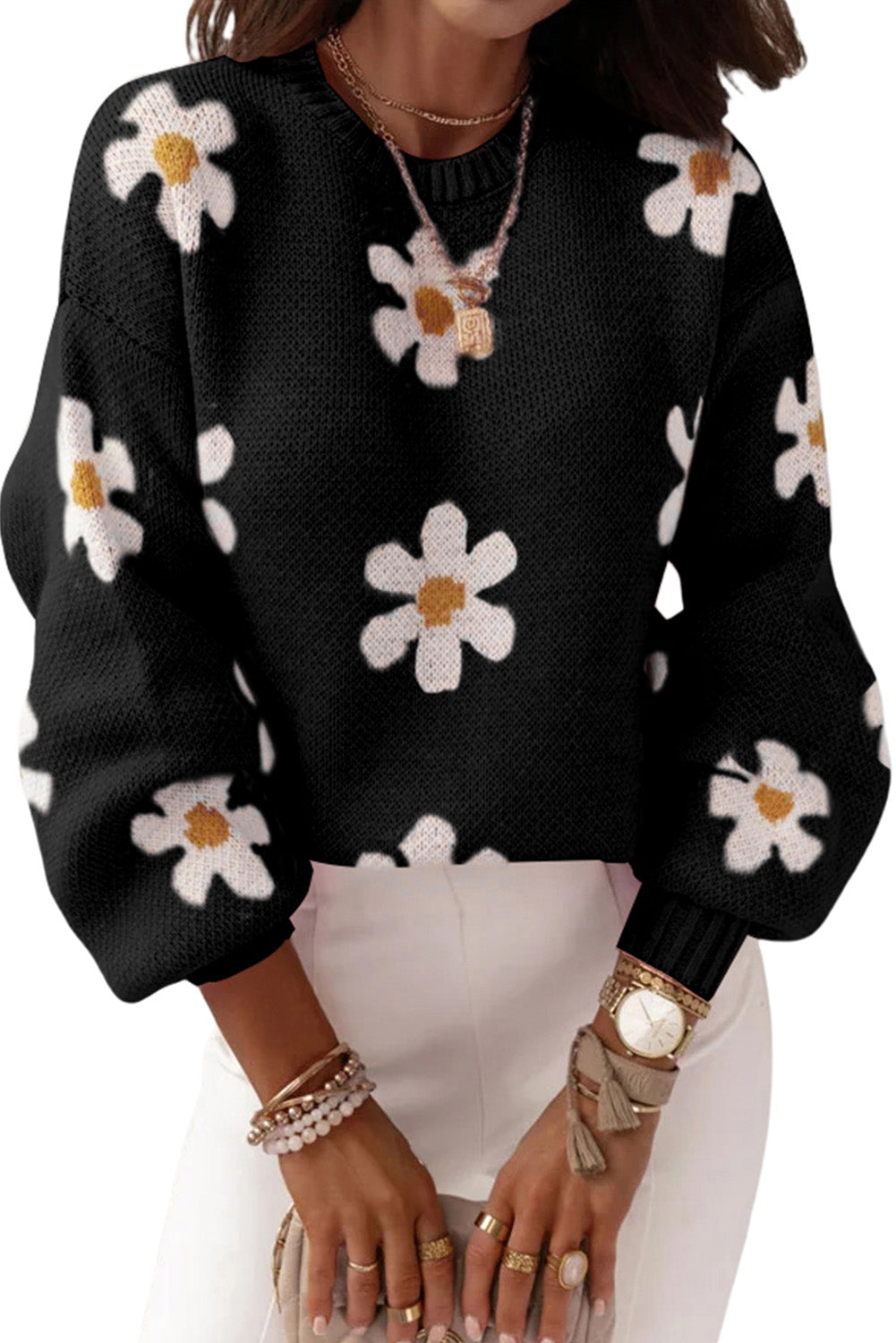 Pink Floral Pattern Drop Shoulder Pullover Knit Sweater