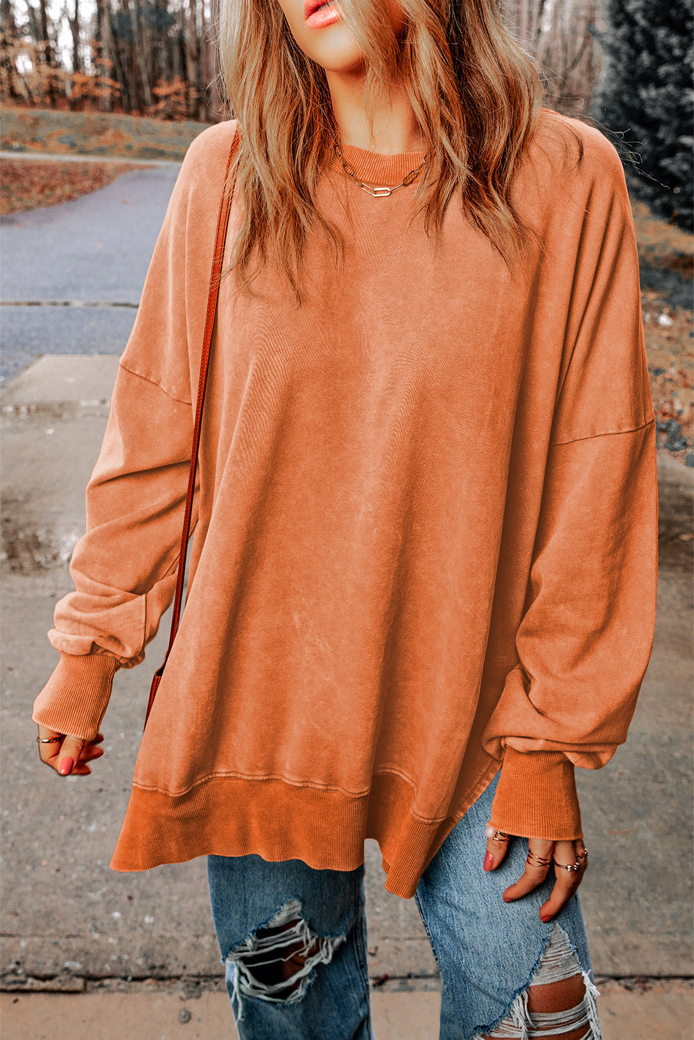 Pink Plain Drop Shoulder Trim Oversized Sweatshirt