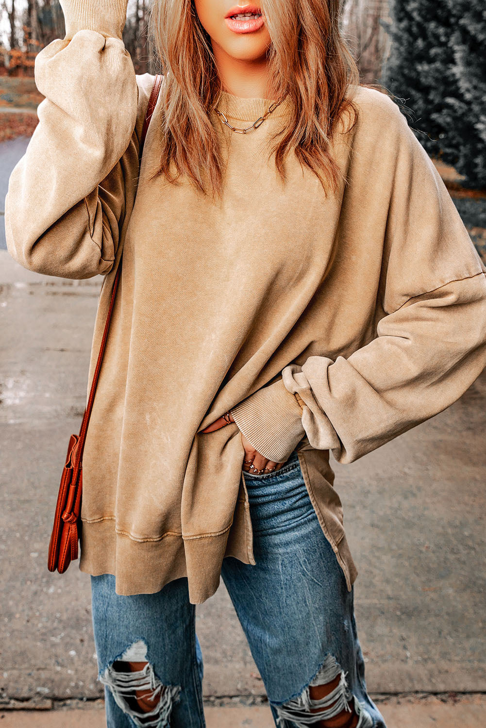 Pink Plain Drop Shoulder Trim Oversized Sweatshirt