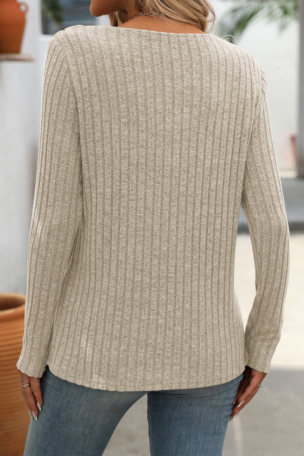 Apricot V-Neck Ribbed Long Sleeve Top