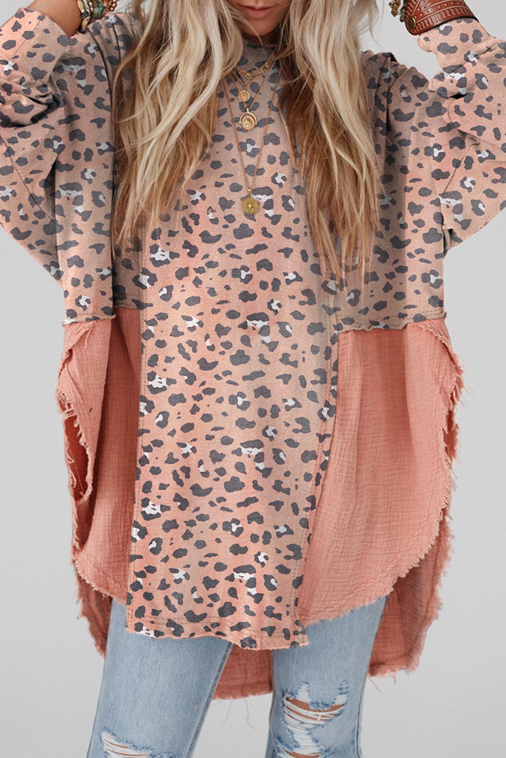 Gray Raw Edge Leopard Patchwork Oversized Blouse