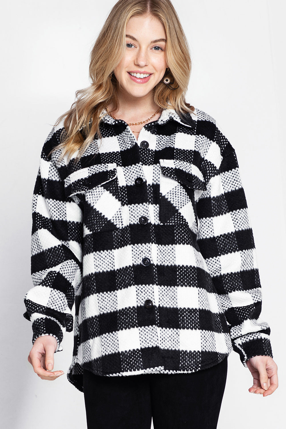 Black & White Elegant Plaid Textured Flap Pocket Shacket