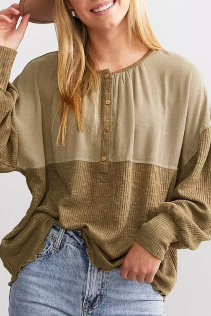 Khaki Ribbed Patchwork Bishop Sleeve Henley Top