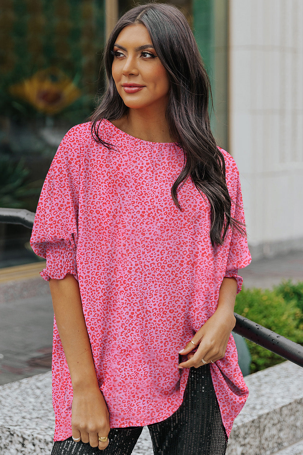 Pink Leopard Puff Sleeve Shirred Cuffs Oversized Blouse