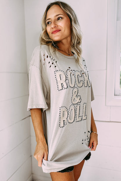 Gray Rock & Roll Graphic Ripped Oversized Tee