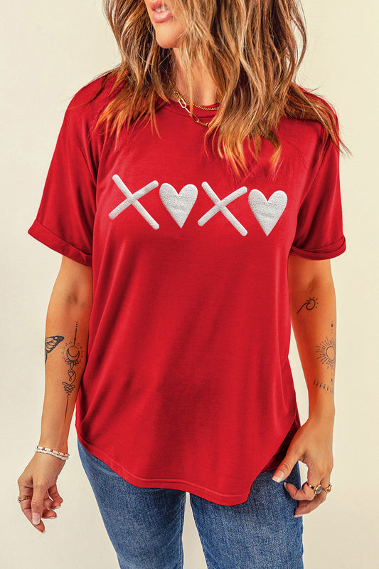 Red Casual XOXO Heart Shaped Graphic O Neck T Shirt