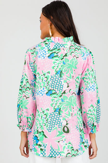 Green Tropical Floral Frill V-Neck Puff Sleeve Blouse