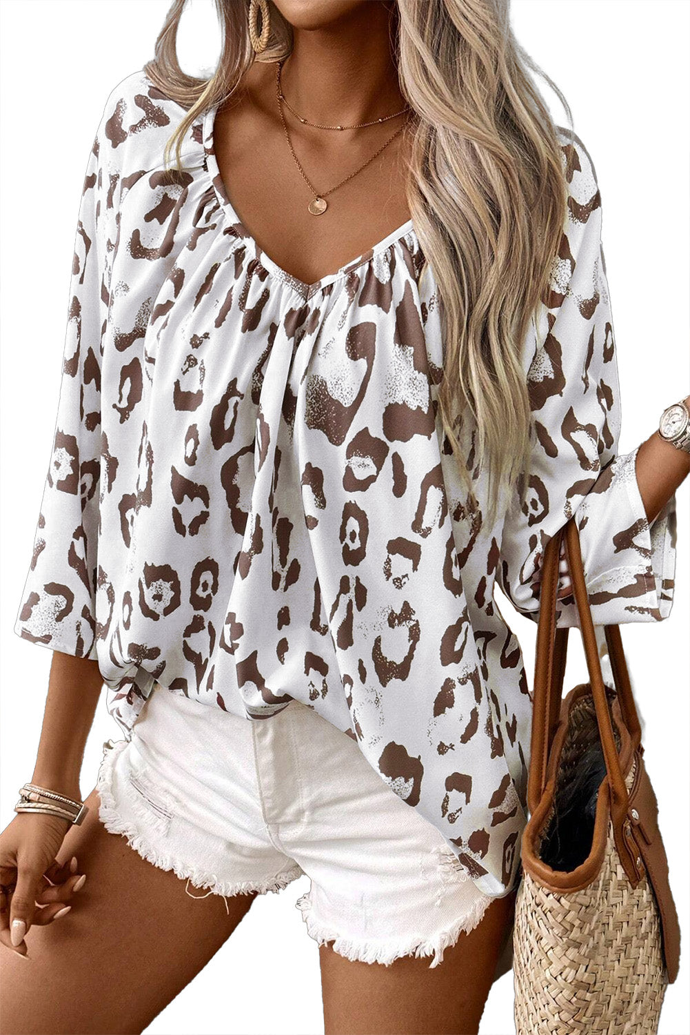 Black Leopard Print V Neck 3/4 Sleeve Blouse