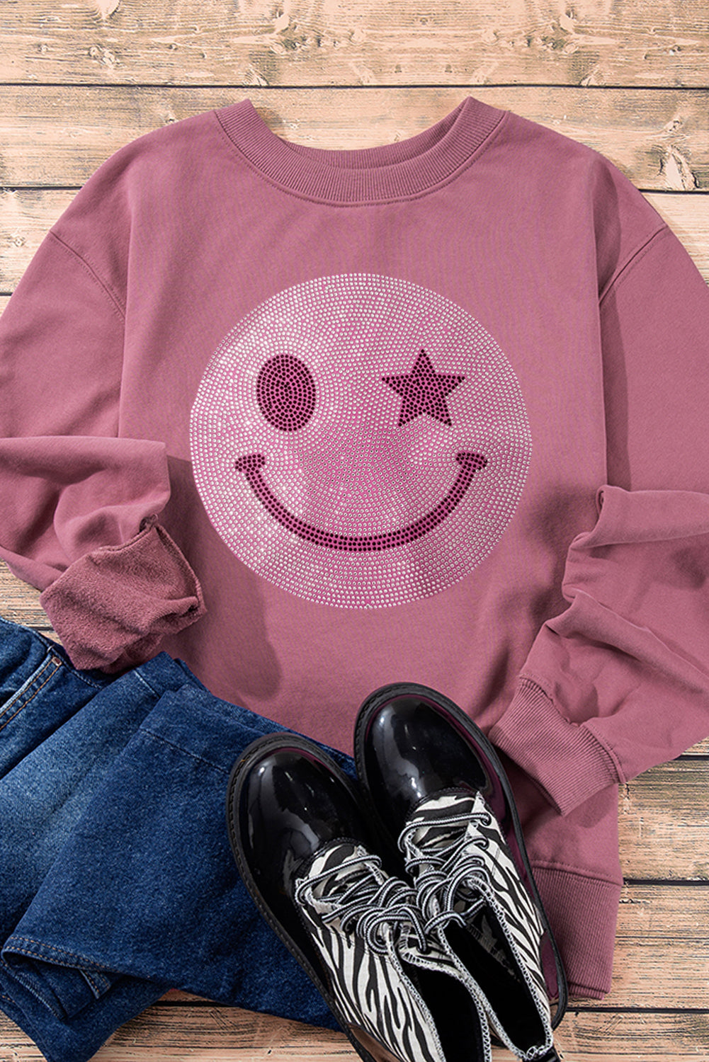 Black Rhinestoned Smile EMOJ Graphic Crew Neck Sweatshirt