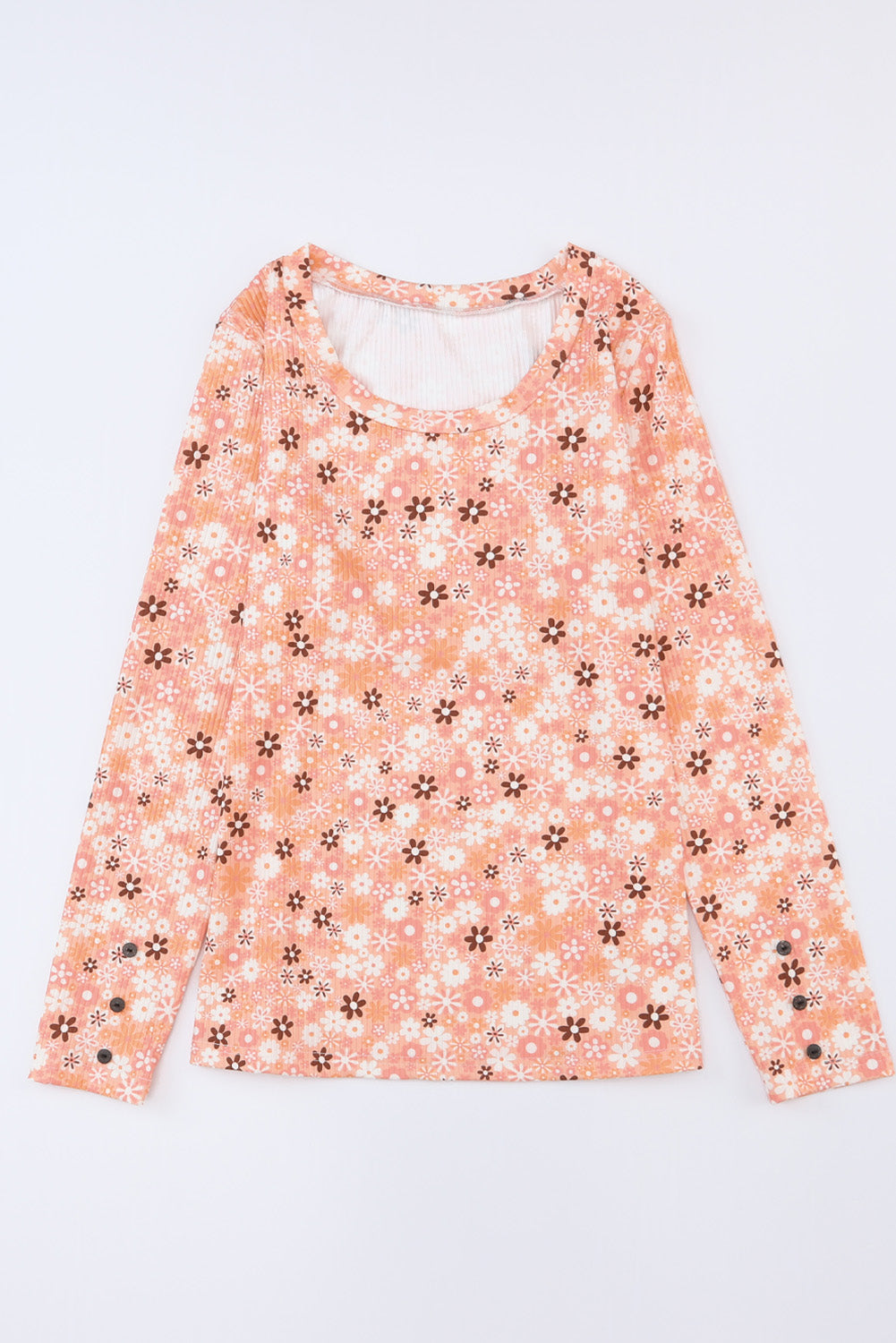 Orange Boho Floral Round Neck Knit Long Sleeve Top