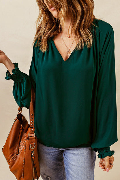 Rose Pleated V Neck Puffy Sleeve Blouse