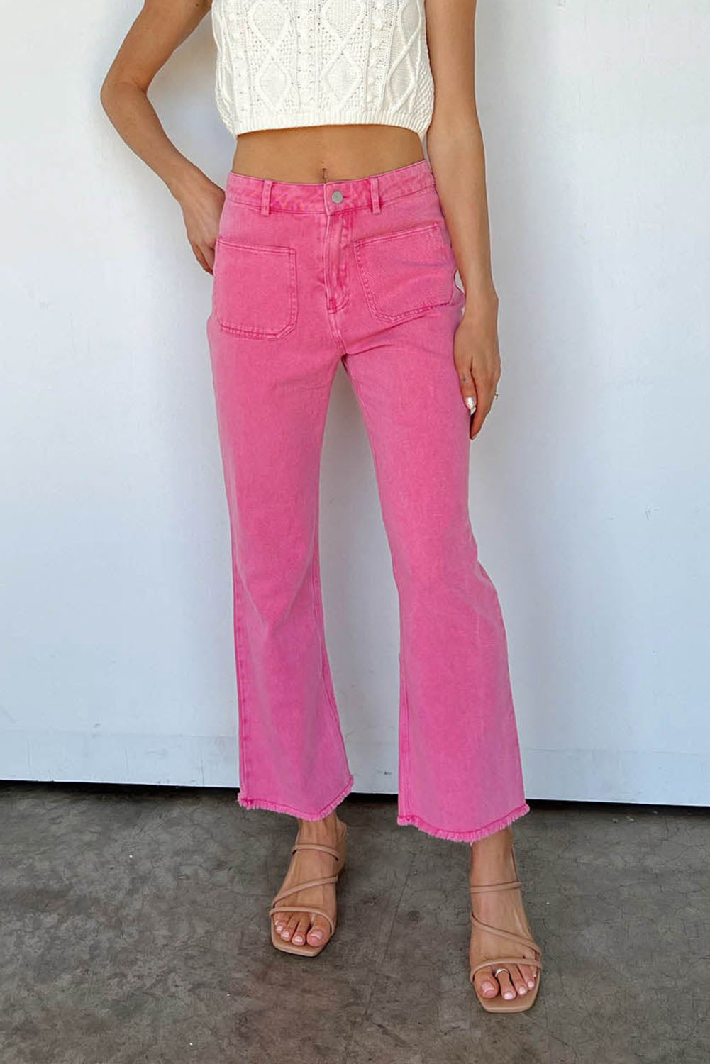 Pink Raw Hem Light Wash Flare Mid Rise Pants