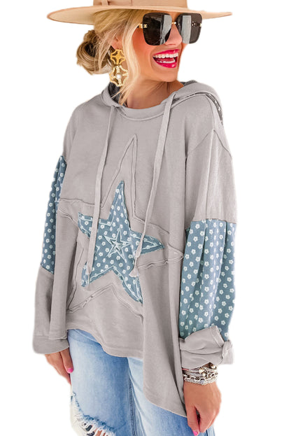 Apricot Floral Patchwork Star Pattern Drawstring Hoodie