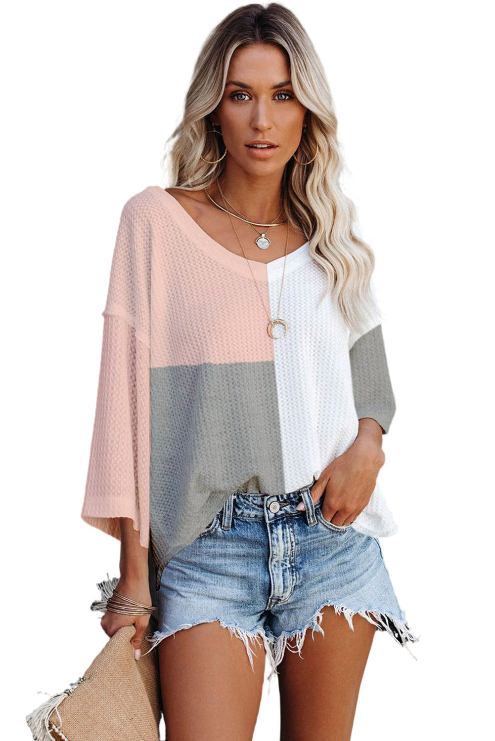 Multicolor Waffle Colorblock Long Sleeve Oversized Top