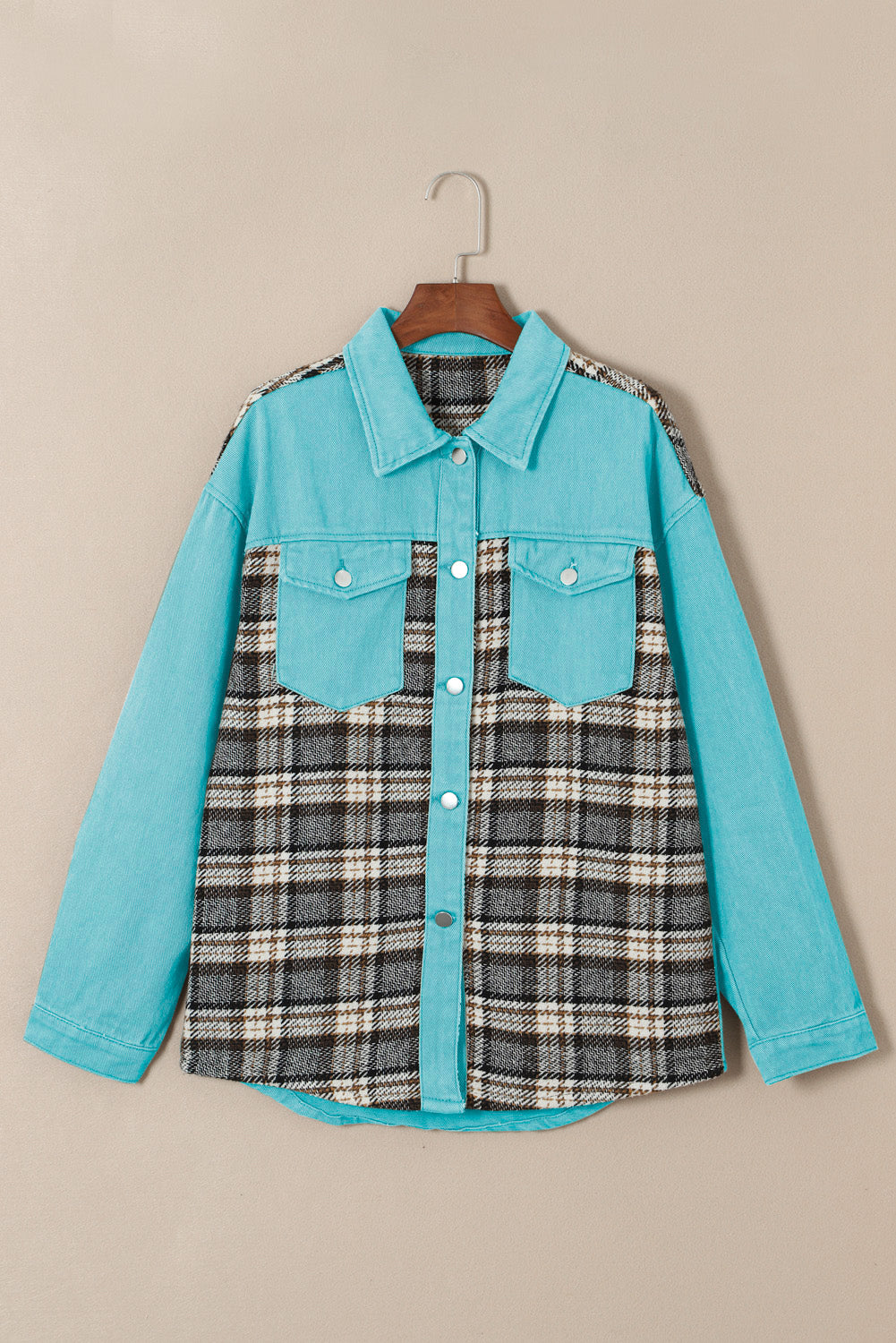 Brown Plaid Patchwork Pockets Denim Jacket