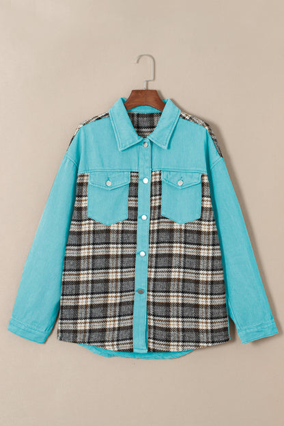 Brown Plaid Patchwork Pockets Denim Jacket