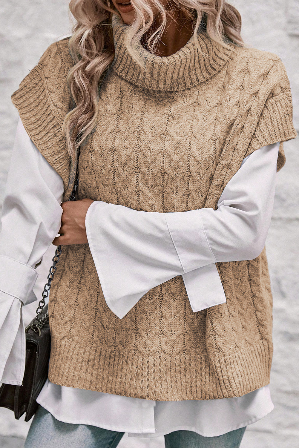 Light Beige Turtleneck Short Batwing Sleeve Cable Knit Sweater