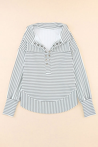 White and Black Striped Grommet Collared Thumbhole Long Sleeve Top